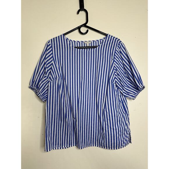 Talbots Size Medium Blue White Nautical Stripe Cotton Blouse Puff Sleeve - Picture 1 of 6
